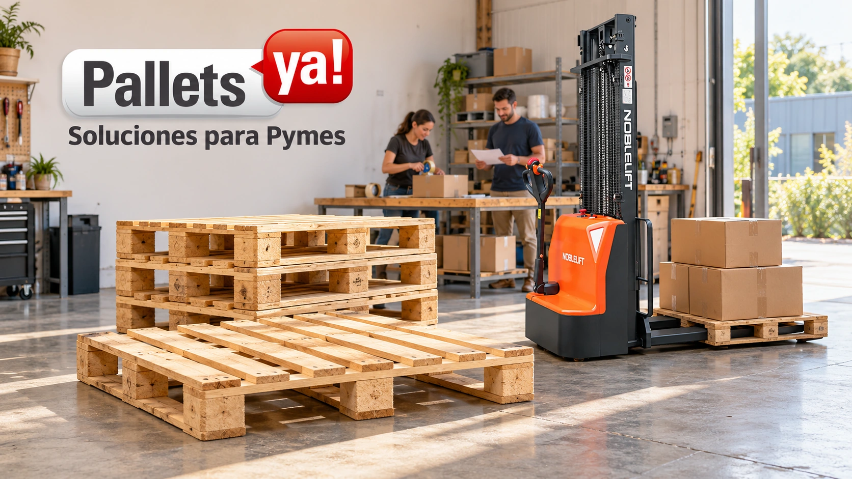 Pallets YA! · Soluciones para Pymes: pallets ARLOG de madera, apilador Noblelift y un equipo preparando pedidos